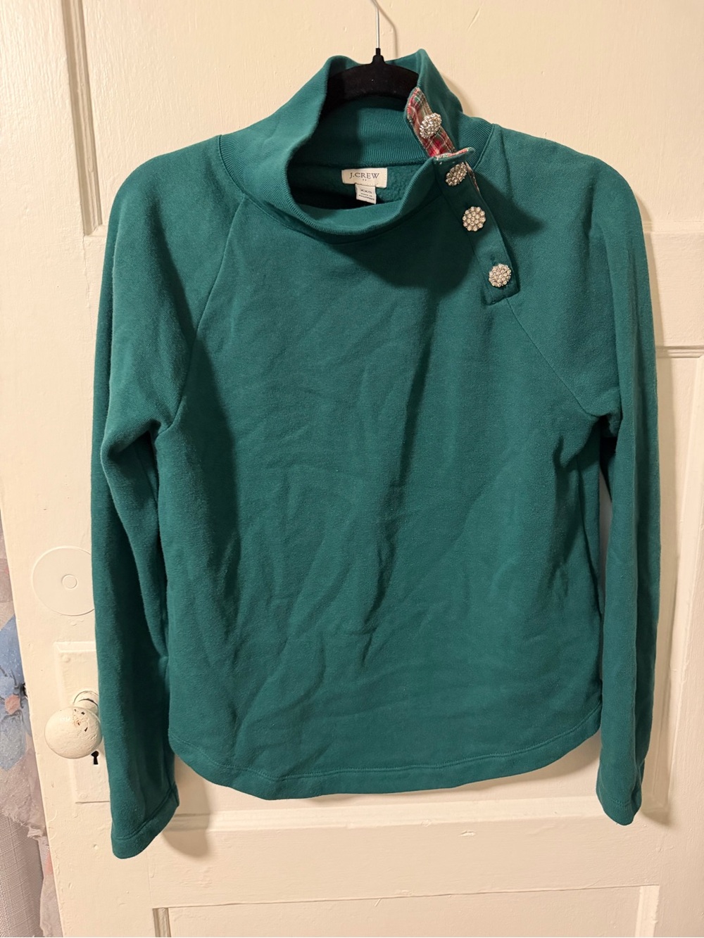 NWT J.Crew Green Mock Neck Sweater Jewel Button Plaid Tartan Detail XXS Flaw